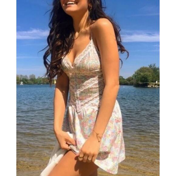 For Love & Lemons Farrah Slip Mini Dress Floral Pin-tuck Lace Trim Romantic L - Picture 6 of 14